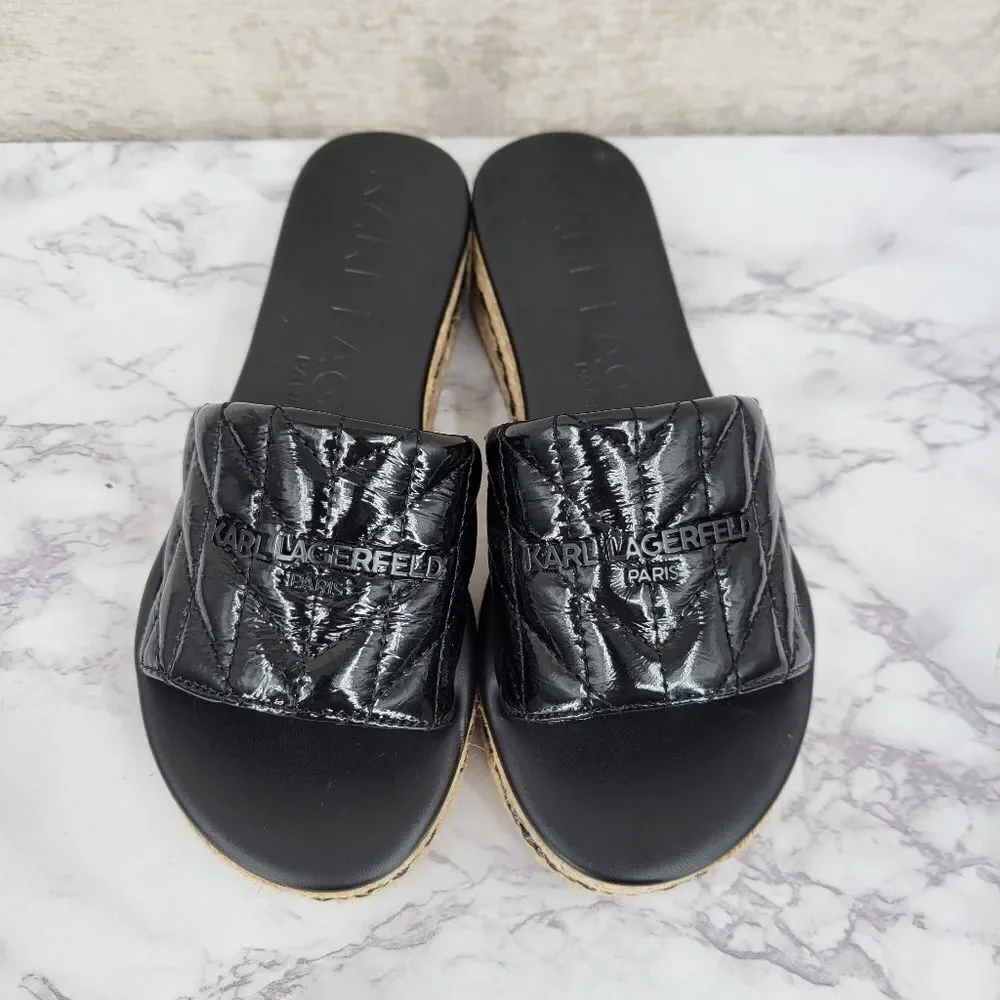 Karl Lagerfeld Kamara Black Quilted Platform Slide Sandals Jute Espadrilles